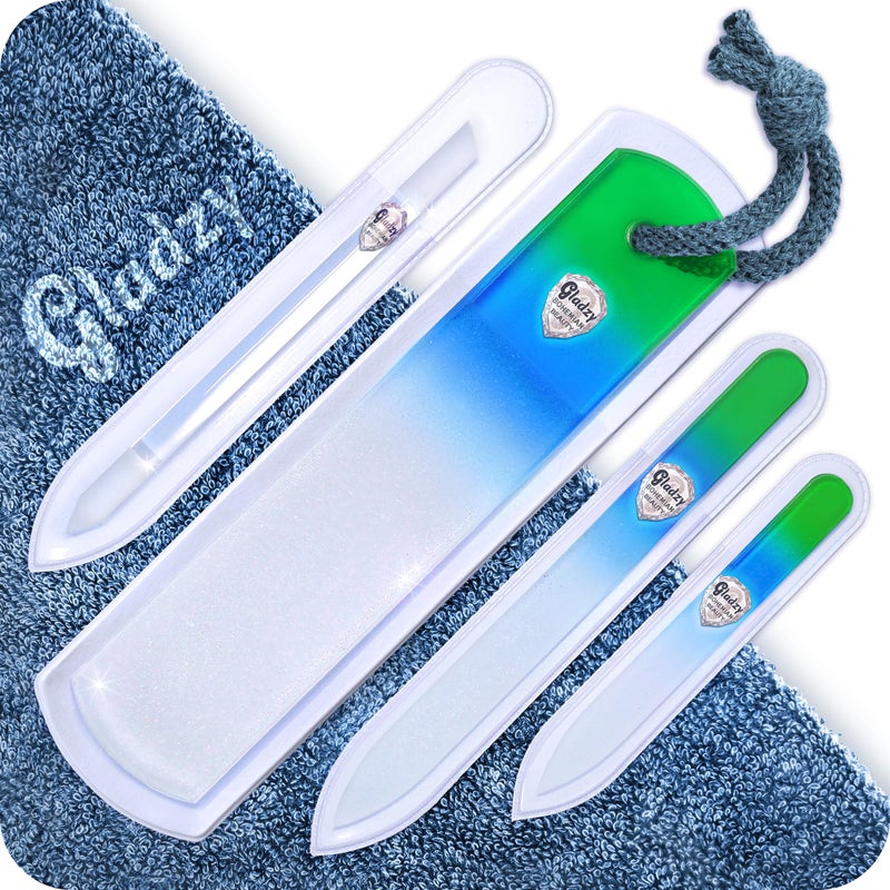 GLADZY Genuine Czech Glass Nail File Set  Callus Remover Foot Rasp Cuticle Pusher Manicure Stick Double Sided Etched Different Grit Surface Professional Nail Care Tool Made in EU